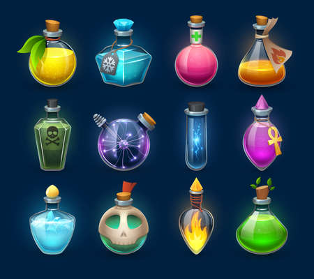 Halloween witchcraft, potion and poison cartoon bottles, phials and flasks, vector. Magic potion and witch elixir in crystal glass jars with love potion, energy power spell, magic fire and death skullのイラスト素材