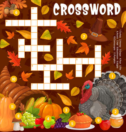Thanksgiving turkey, cornucopia and meals, crossword puzzle game grid, vector. Find a word quiz worksheet or kids riddle with Thanksgiving pumpkin, autumn harvest, maple leaf, oak acorn and apple pieのイラスト素材
