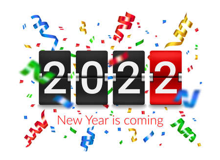 2022 New Year flip countdown counter board with confetti explosion. New Year holiday celebration party realistic vector background with flying confetti foil pieces and ribbons, flip clock timerのイラスト素材