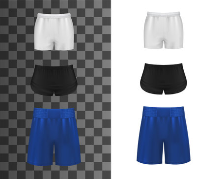 Athletic shorts, realistic clothes or sport pants, vector mockup template. Sport shorts for soccer, basketball or football, men uniform or women sportswear apparel, black, blue and white tennis shortsのイラスト素材