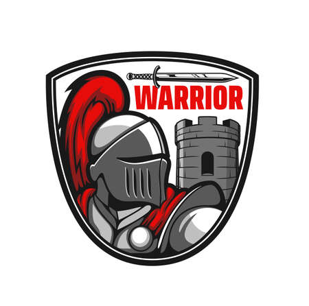 Medieval knight icon. Ancient warrior, crusader or paladin in metal armor with red ponytail, sword weapon and castle or fortress stone tower. Emblem, sticker or vector symbol with fantasy kingdom heroのイラスト素材