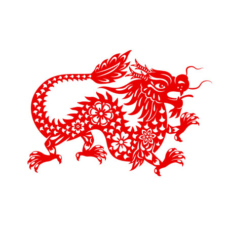 Chinese lunar new year dragon, zodiac sign and vector oriental holidays symbol. Red dragon in paper cut art for Chinese New Year festival, greeting card or lunar horoscope calendarのイラスト素材