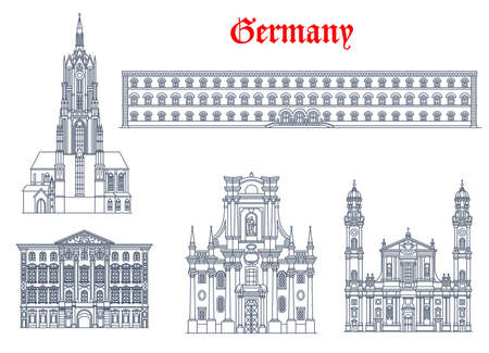 Germany architecture, Munich buildings and travel landmarks of Bavaria, vector. Theatine Church of St Cajetan Trinity Church and Saint Bartholomew cathedral, Bavarian State Library and Preysing Palaceのイラスト素材