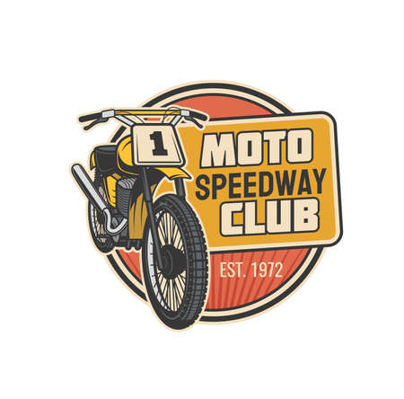 Moto speedway club vector icon of motor sport motorcycle or motor bike vehicle with wheels, engine and race number plate. Motorcycle racing competition, motocross and rally isolated symbol designのイラスト素材
