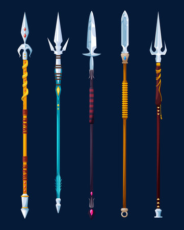 Magical cartoon steel spears and lance weapon. Medieval knight arms, vector game asset icons....