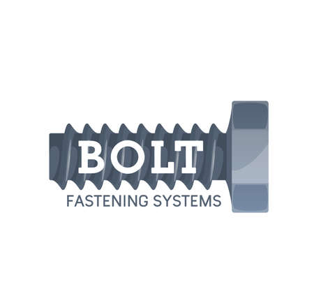Steel bolt icon. Metal threaded fastener, fastening system element and construction engineering vector emblem, industry and repair symbol, stainless steel bolt with wide threadのイラスト素材