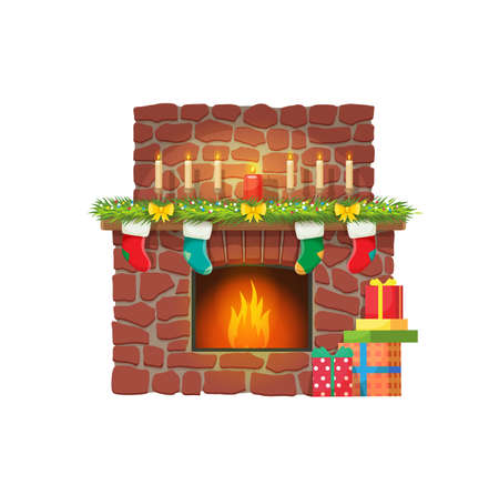 Christmas fireplace with candles and gift socks for Santa presents, vector. Merry Christmas holiday and Happy New Year winter celebration fireplace with chimney, eve candles and stockingsのイラスト素材
