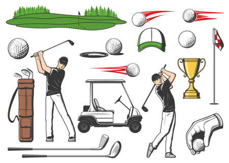 Golfer and golf club sport items, vector game equipment icons for tournament or championship. Golf club caddy cart, victory cup and player with golf bats and pins on green tee course or putterのイラスト素材