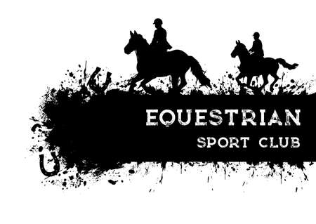 Horse racing and riding, grunge equestrian sport banner, polo club vector poster. Horse races and equine sport rides or jockey tournament, steeplechase racing tournament on hippodromeのイラスト素材