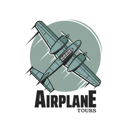 Airplane tours vector icon with vintage plane or airplane, air travel, aviation, tourism and airline flight. Retro twin engine turboprop aircraft with two propellers isolated round badge or symbolのイラスト素材