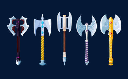 Magical cartoon steel axes and hatchets weapon. Medieval knight vector arms. Ancient warrior or royal soldier battle ax or halberd and tomahawk weaponry armor with golden hilts, game assetのイラスト素材
