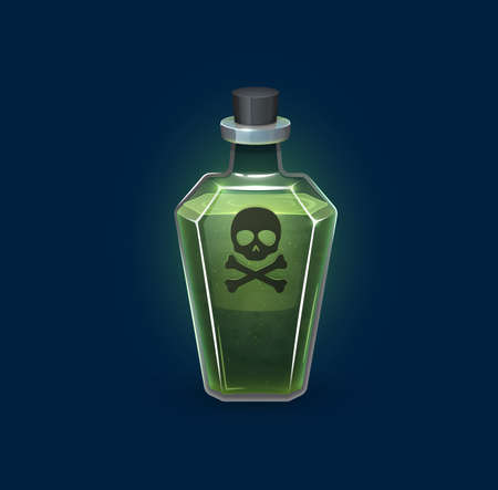 Witchcraft glass bottle with danger poison, magic potion drink, cartoon vector. Skull and crossbones toxic green poisonous potion in glass flask, deadly elixir vial for Halloween spooky alchemyのイラスト素材