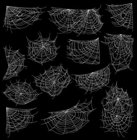 Halloween sticky cobweb and spider web, vector cartoon icons. Halloween holiday spiderwebs and scary nets on corners on black background, horror night party spooky cobwebs silhouettesのイラスト素材