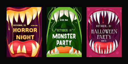 Halloween party vector flyers with monster mouths. Cartoon invitation posters with open toothy jaws with sharp teeth, dripping saliva and tongues. Happy Halloween horror night event invite cards setのイラスト素材