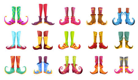 Cartoon legs of gnome, elf, wiz, magician, warlock, wizard and sorcerer. Cute vector feet in colorful stoking and nosy boots. Witch, Santa helper or leprechaun legs in funny shoes isolated cartoon setのイラスト素材