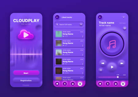Neomorphic music player interface, UI app screen, vector mobile phone playlist application. Neomorphic music player audio media buttons temples with song playlist menu and album cover, neomorphism UXのイラスト素材