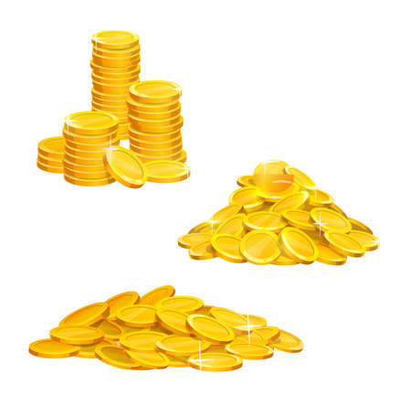 Cartoon golden coins pile and stacks, vector gold money icons. Golden coins currency, shiny gold piles and stack heaps of coins isolated on white for income and investment or wealth moneyのイラスト素材