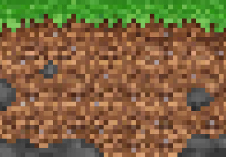 Cubic pixel grass and ground blocks, vector pixel game background pattern. 8bit pixel art landscape...