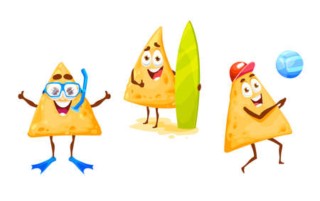 Mexican nachos chips diving, playing volleyball and surfing summer beach leisure. Happy vector tex mex cartoon characters nacho diver and surfer on vacation. Holidays fun, relax and outdoor recreationのイラスト素材