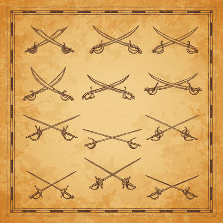 Crossed pirate sabers, swords and epees sketch, vector ancient map elements. Pirate buccaneer or corsair sabers and nautical cutlass in vintage engraving sketch for pirates treasure mapのイラスト素材