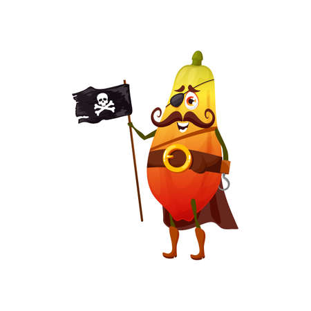 Pirate papaya pawpaw isolated cartoon character corsair emoticon in belt, cloak and jolly roger flag, patch on eye. Vector vegetarian dessert, dieting food buccaneer in boots. Cute kids children emojiのイラスト素材