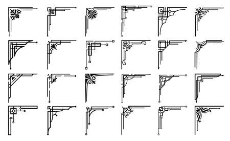Art deco floral corners and border embellishment. Vector corner frames and vintage decoration. Flourish borders with flower pattern and ornament, filigree frames and dividersのイラスト素材