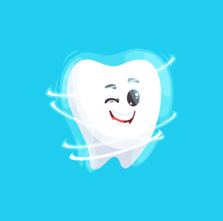 Tooth emoticon cartoon with shining perfect smile isolated cartoon emoji emoticon. Vector healthy smile, oral hygiene and care, comic emoji hero kids smile mascot, dentistry toothpaste advertのイラスト素材