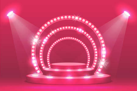 Pink podium stage with ramp lights, vector ceremony award and show scene. Empty podium stage with spotlight, concert red pedestal or fashion round platform in 3D, illuminated with spot lampsのイラスト素材