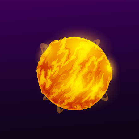 Flaming sphere, burning planet ball, hot globe in fire sparkles isolated cartoon far aliens world. Vector planet with volcano lava magma ui gui game users object. Round comet meteoroid, magic sphereのイラスト素材