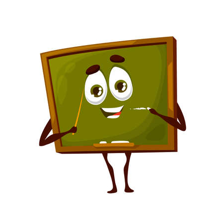 Cartoon school board cute character. School green chalkboard funny mascot with happy smiling face, chalk and teachers pointer, classroom wooden blackboard vector comic characterのイラスト素材