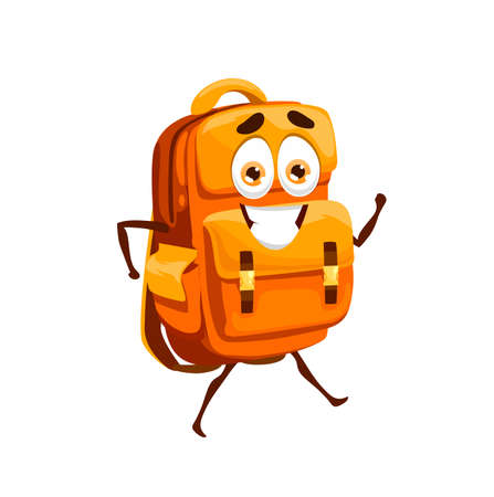 Cartoon school bag, schoolbag mascot character. Funny orange backpack with happy smiling face, school stationery object or accessory for students cute isolated vector characterのイラスト素材