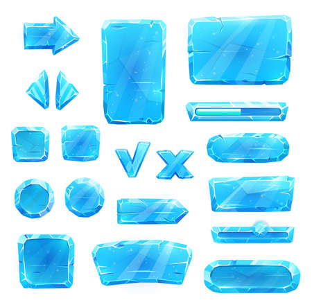 Game asset of blue ice crystal buttons, cartoon vector set. Menu interface of iced textured blocks and cubes, ui gui graphic elements. Frozen slider, isolated arrow and cross. User panel interfaceのイラスト素材