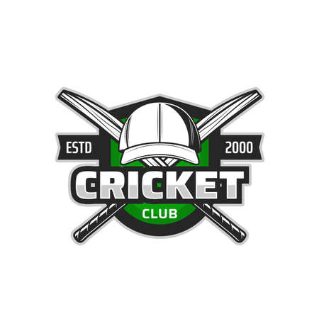 Cricket field icon with vector sport bats and player uniform cap on heraldic shield. Crossed cricket game equipment isolated badge of sport club, sporting competition or championship match designのイラスト素材