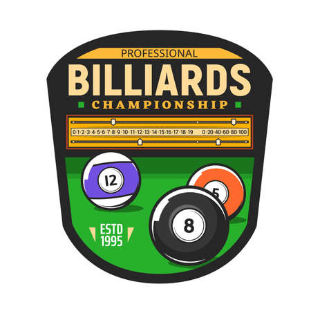 Billiards championship icon for snooker pool sport game tournament, vector symbol. Poolroom billiards and pool snooker game sign with 8 eight ball and cues rack on green tableのイラスト素材