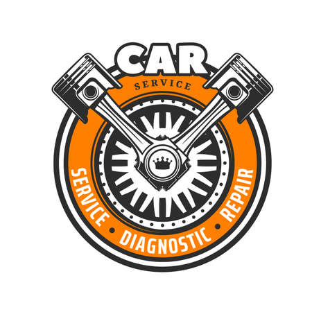 Car service icon with vector wheel and crossed pistons, auto repair and diagnostics. Isolated spare parts of vehicle engine, tire, disk, rim and center cap with crown symbol of mechanic workshopのイラスト素材