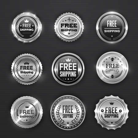 Silver free shipping and delivery labels and seals, vector metal badges. Premium quality and free shipping or express order service seals and fast delivery VIP labels with crown and stars embossingのイラスト素材