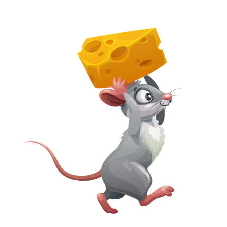 Cartoon gray mouse with cheese, vector rodent animal of cute rat or funny little mouse character carrying cheese to mouse hole. Domestic pest with happy smile stealing foodのイラスト素材