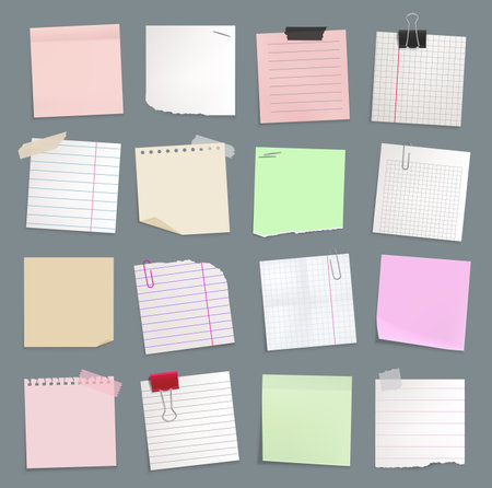 Blank paper notes, sticker notepads and to do memo messages, vector set. Sticky notes or sheet list posts on office board, memo notices and notepaper pages on adhesive tape, reminders on pin clipsのイラスト素材