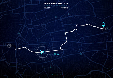 Route dashboard with city map navigation interface. Car GPS navigator screen, future autopilot...