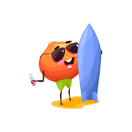 Orange fruit with surfboard isolated funny cartoon character in sunglasses with cocktail. Vector summer citrus on holiday vacation, tropical food surfer on rest. Summertime recreation, sport leisureのイラスト素材