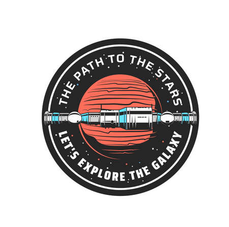 Orbital space station vector icon of space and galaxy exploration design. Isolated round symbol with modular station, Mars planet and stars, meteors, asteroids, meteorites and cometsのイラスト素材