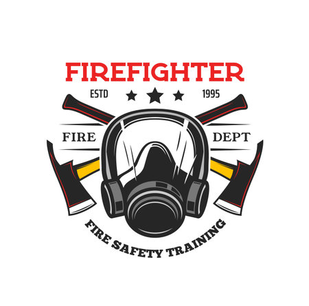 Firefighter tools heraldic icon. Vector fireman gas mask and crossed axes. Fire department and rescue service heraldry, safety and firefighting training isolated symbolのイラスト素材