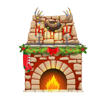 Christmas fireplace with cartoon fire and Xmas holiday decorations. Vector stone fire place or hearth with stockings, Christmas tree garland and festive lights, holly berry and red ribbonsのイラスト素材