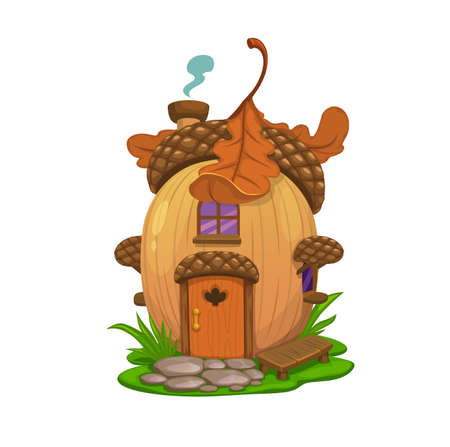 Fairy oak acorn house, vector dwelling of elf, gnome or wizard. Cartoon fantasy home, cottage or bungalow building made of acorn nut with windows, door, roof and chimney, oak tree leaves and benchのイラスト素材