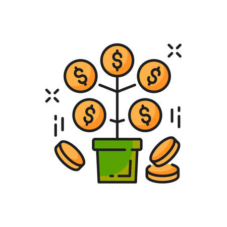 Financial investments and savings, money tree color line icon. Vector pension and retirement revenue. Branches with golden coins, growing up financial plant with dollar signs. Wealth and abundanceのイラスト素材