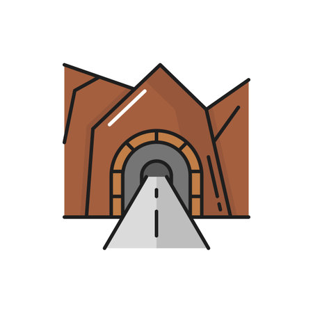 Underground tunnel in Alps Switzerland mountains isolated flat line icon. Vector automobile arched tunnel in Swiss mount, architecture construction. Road tunnel, entrance to mountain, highway tunnelのイラスト素材