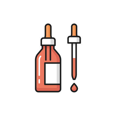 Glass droplet bottle with collagen dropper isolated flat line icon. Vector cosmetics ads template, essence oil, face skin care moisturizing anti aging products. Spa, beauty and health face careのイラスト素材