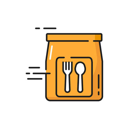 Food delivery icon, lunch dinner in package box isolated cartoon icon. Vector spoon and fork on yellow bag package. Cafe restaurant deliver, fast online order shipping services, takeaway takeout mealのイラスト素材