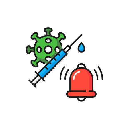 Coronavirus vaccination time, ringing bell, syringe and covid bacteria isolated color line icon. Vector ready to vaccinate, injection immunization campaign. Health care protection, medical treatmentのイラスト素材