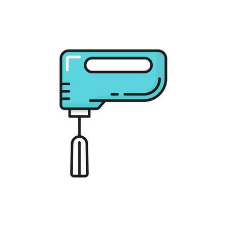 Kitchen appliance hand mixer isolated color line icon. Vector bakery tool eggs beater, blender to mix food, blue household device. Kitchenware equipment, retro hand electric mixer with metal whiskのイラスト素材